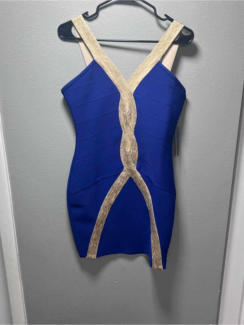 NWT Venus Blue & Gold Bodycon Dress with Metallic Trim Size M